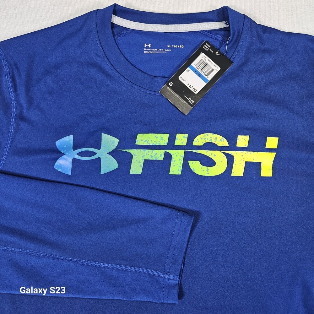 Under Armour Shirt Mens XL Fish Long Sleeve Blue Heatgear Loose Iso Chill NWT